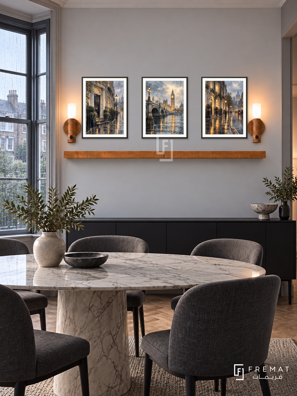 FREMAT London Rain shelf set with three 30 x 40 cm black frames, 2 cm white borders, honey wood shelf and two warm sensor lamps. Morning rainy London modern townhouse dining room, pale grey wall, black sideboard, oval marble table and charcoal upholstered chairs, rain-streaked bay window at side.