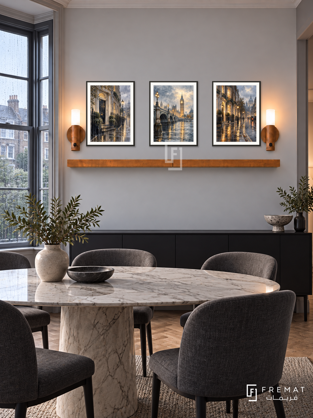 FREMAT London Rain shelf set with three 30 x 40 cm black frames, 2 cm white borders, honey wood shelf and two warm sensor lamps. Morning rainy London modern townhouse dining room, pale grey wall, black sideboard, oval marble table and charcoal upholstered chairs, rain-streaked bay window at side.