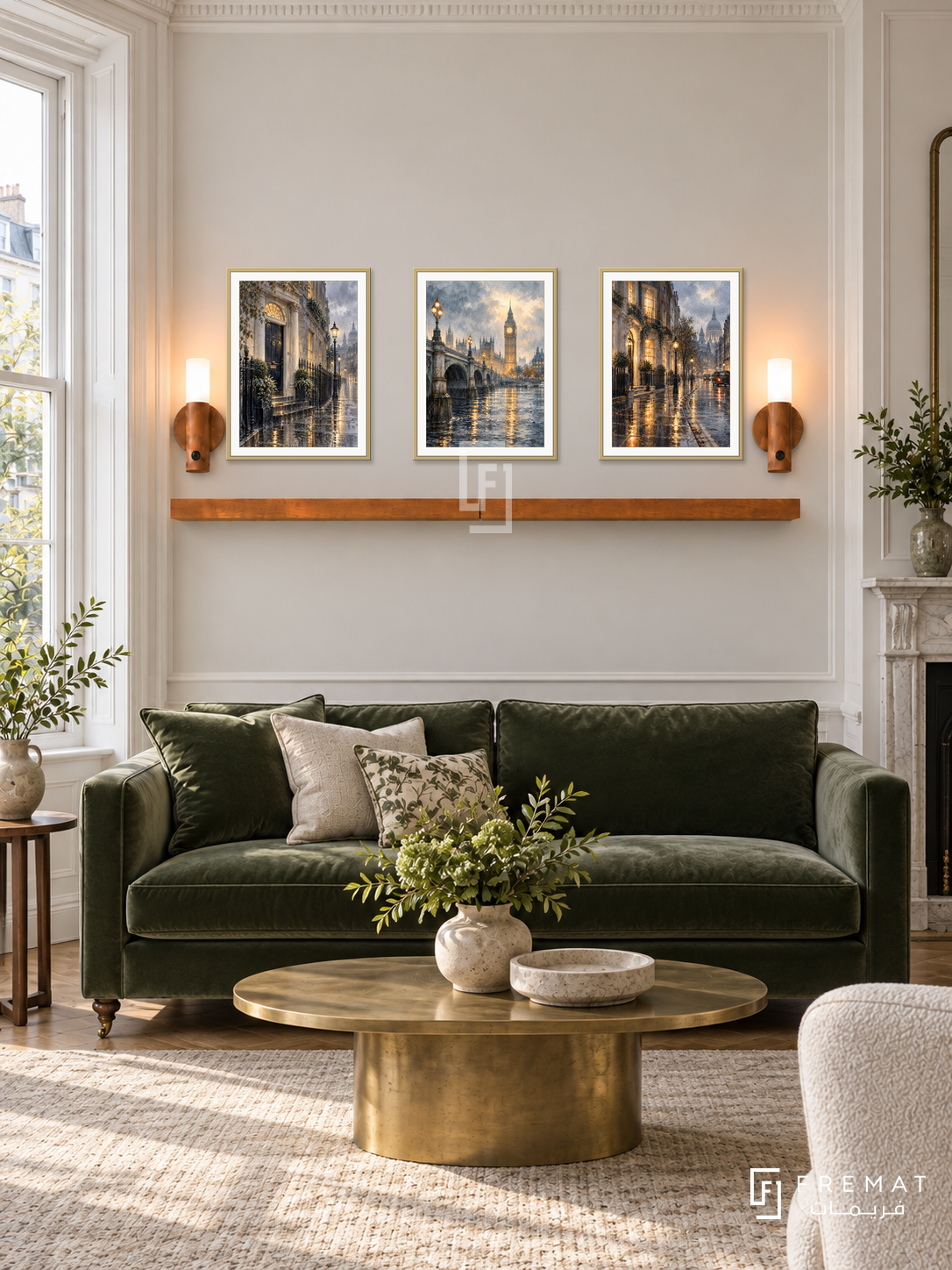 FREMAT London Rain shelf set with three 30 x 40 cm gold frames, 2 cm white borders, honey wood shelf and two warm sensor lamps. Morning London classic sitting room, pale cream molding, deep moss green velvet sofa, brass oval table, soft overcast daylight.
