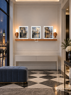 FREMAT London Rain shelf set with three 30 x 40 cm white frames, 2 cm white borders, honey wood shelf and two warm sensor lamps. Night London elegant entry hall, ivory wall panels, white console, slate blue ottoman, black and white floor, rain and city lights through tall window.