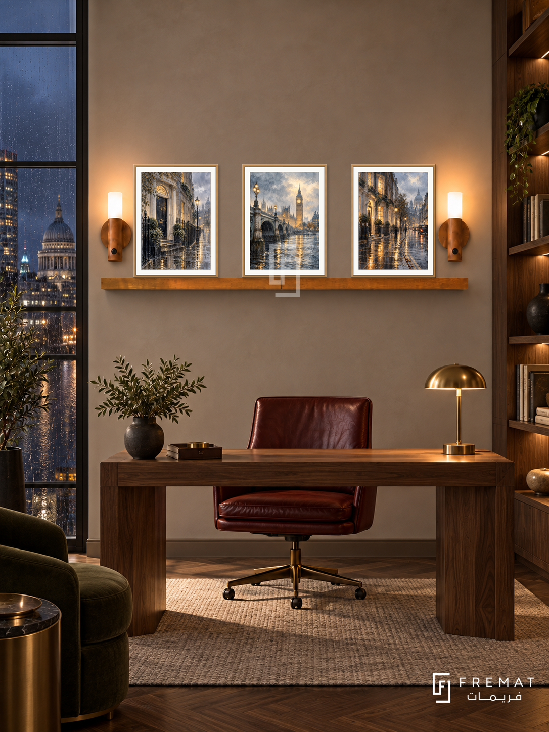 FREMAT London Rain shelf set with three 30 x 40 cm wooden texture frames, 2 cm white borders, honey wood shelf and two warm sensor lamps. Night London study, taupe plaster with walnut book alcoves, walnut desk, oxblood leather chair, city rain outside.