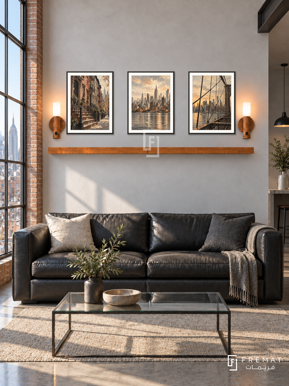 FREMAT New York Rhythm shelf set with three 30 x 40 cm black frames, 2 cm white borders, honey wood shelf and two warm sensor lamps. Morning New York industrial refined loft, pale concrete wall, black leather sofa, steel glass table, exposed brick only at side and broad skyline window.
