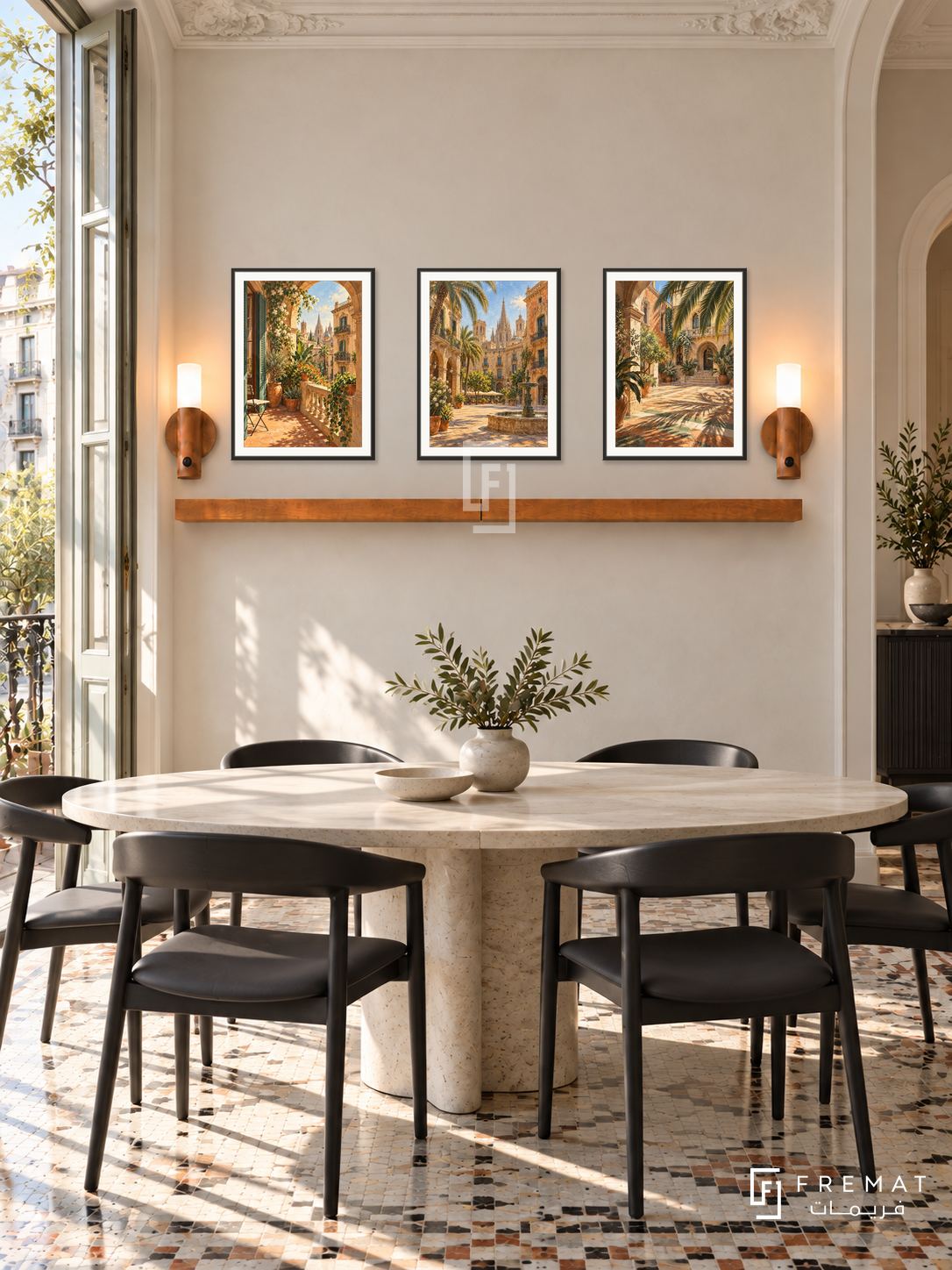 FREMAT Barcelona Sun shelf set with three 30 x 40 cm black frames, 2 cm white borders, honey wood shelf and two warm sensor lamps. Morning Barcelona modernist dining apartment, cream plaster, black buffet, light oval stone dining table, curved black chairs, mosaic floor and side balcony.