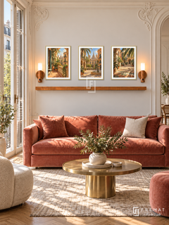 FREMAT Barcelona Sun shelf set with three 30 x 40 cm gold frames, 2 cm white borders, honey wood shelf and two warm sensor lamps. Morning Catalan elegant salon, ivory molding with curved Art Nouveau details, coral velvet sofa, brass round table, bright tall balcony doors.