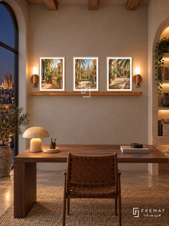 FREMAT Barcelona Sun shelf set with three 30 x 40 cm wooden texture frames, 2 cm white borders, honey wood shelf and two warm sensor lamps. Night Barcelona creative study, taupe plaster and warm wood beams, walnut desk, woven leather chair, side arched book niche.