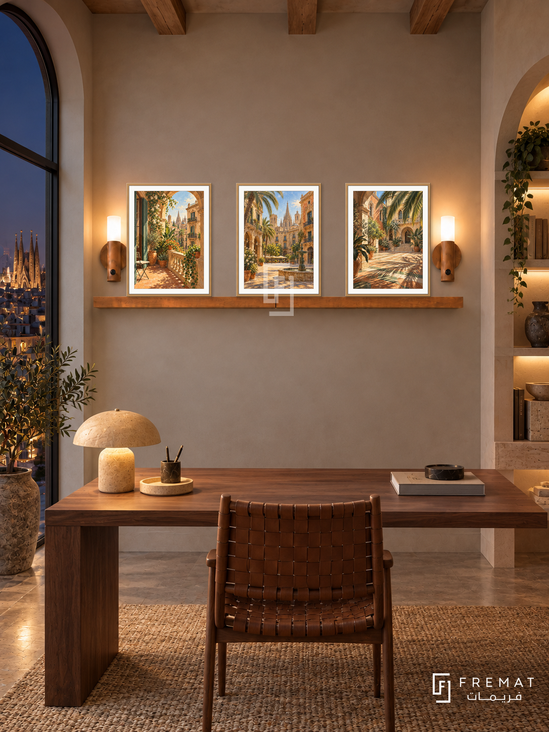 FREMAT Barcelona Sun shelf set with three 30 x 40 cm wooden texture frames, 2 cm white borders, honey wood shelf and two warm sensor lamps. Night Barcelona creative study, taupe plaster and warm wood beams, walnut desk, woven leather chair, side arched book niche.