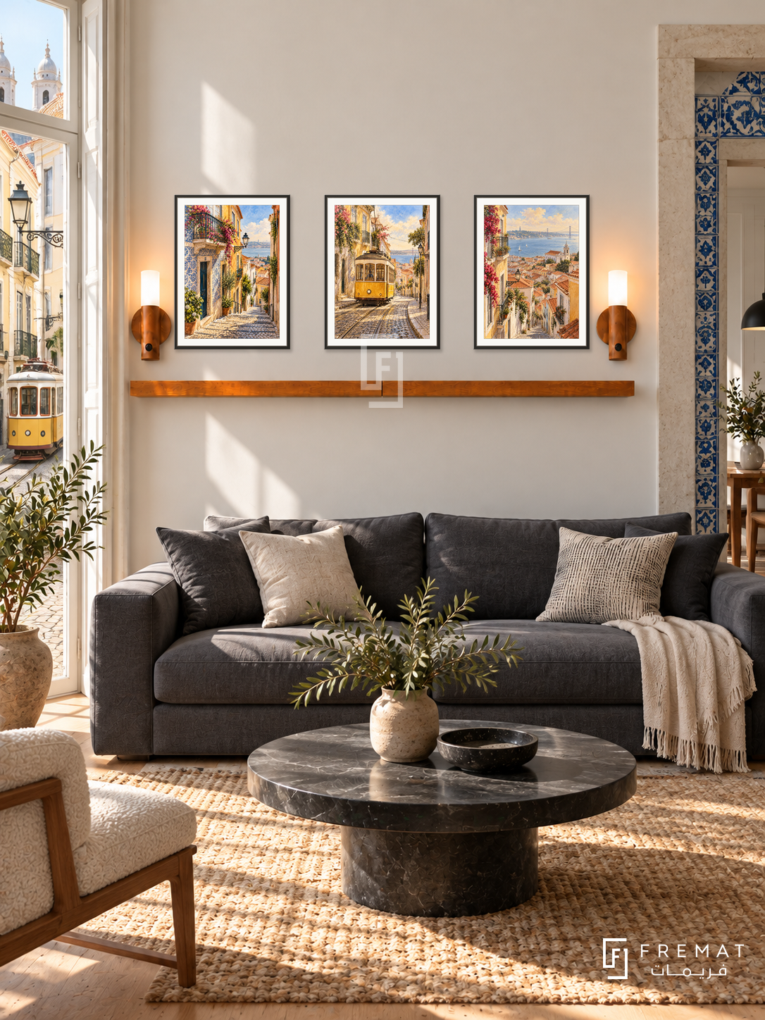 FREMAT Lisbon Tramways shelf set with three 30 x 40 cm black frames, 2 cm white borders, honey wood shelf and two warm sensor lamps. Morning Lisbon contemporary sitting room, ivory central wall and blue tile side doorway, charcoal sofa, black round table, sunlit tram street through side window.