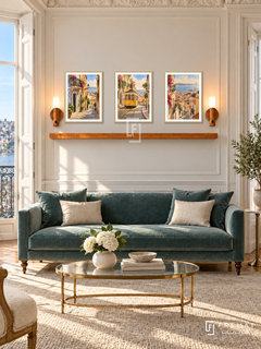 FREMAT Lisbon Tramways shelf set with three 30 x 40 cm gold frames, 2 cm white borders, honey wood shelf and two warm sensor lamps. Morning Portuguese classic reception, ivory molding, muted teal velvet sofa, brass glass oval table, tall white shutters and river light.