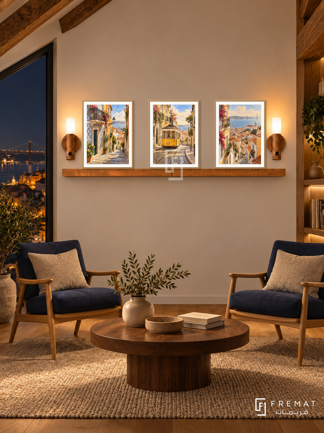 FREMAT Lisbon Tramways shelf set with three 30 x 40 cm wooden texture frames, 2 cm white borders, honey wood shelf and two warm sensor lamps. Night Lisbon attic reading room, warm cream wall, oak chairs with navy cushions, low walnut table, exposed beams and dark river window.