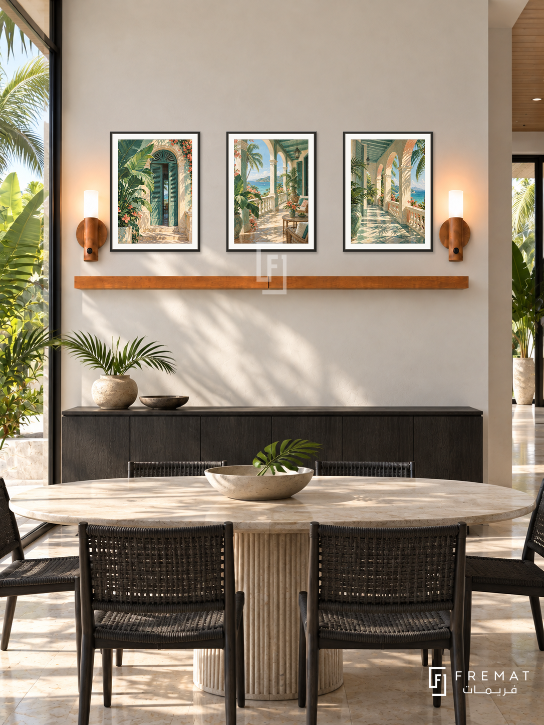 FREMAT Tropical Veranda shelf set with three 30 x 40 cm black frames, 2 cm white borders, honey wood shelf and two warm sensor lamps. Morning tropical modern dining villa, ivory plaster wall, black timber buffet, oval stone table, black woven chairs, broad green palms through side glass.