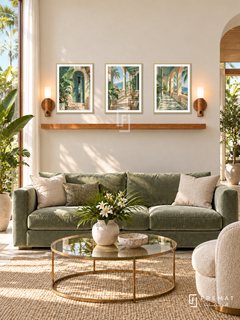 FREMAT Tropical Veranda shelf set with three 30 x 40 cm gold frames, 2 cm white borders, honey wood shelf and two warm sensor lamps. Morning tropical elegant salon, pale cream walls, sage velvet sofa, brass glass round table, airy tall windows and lush garden.