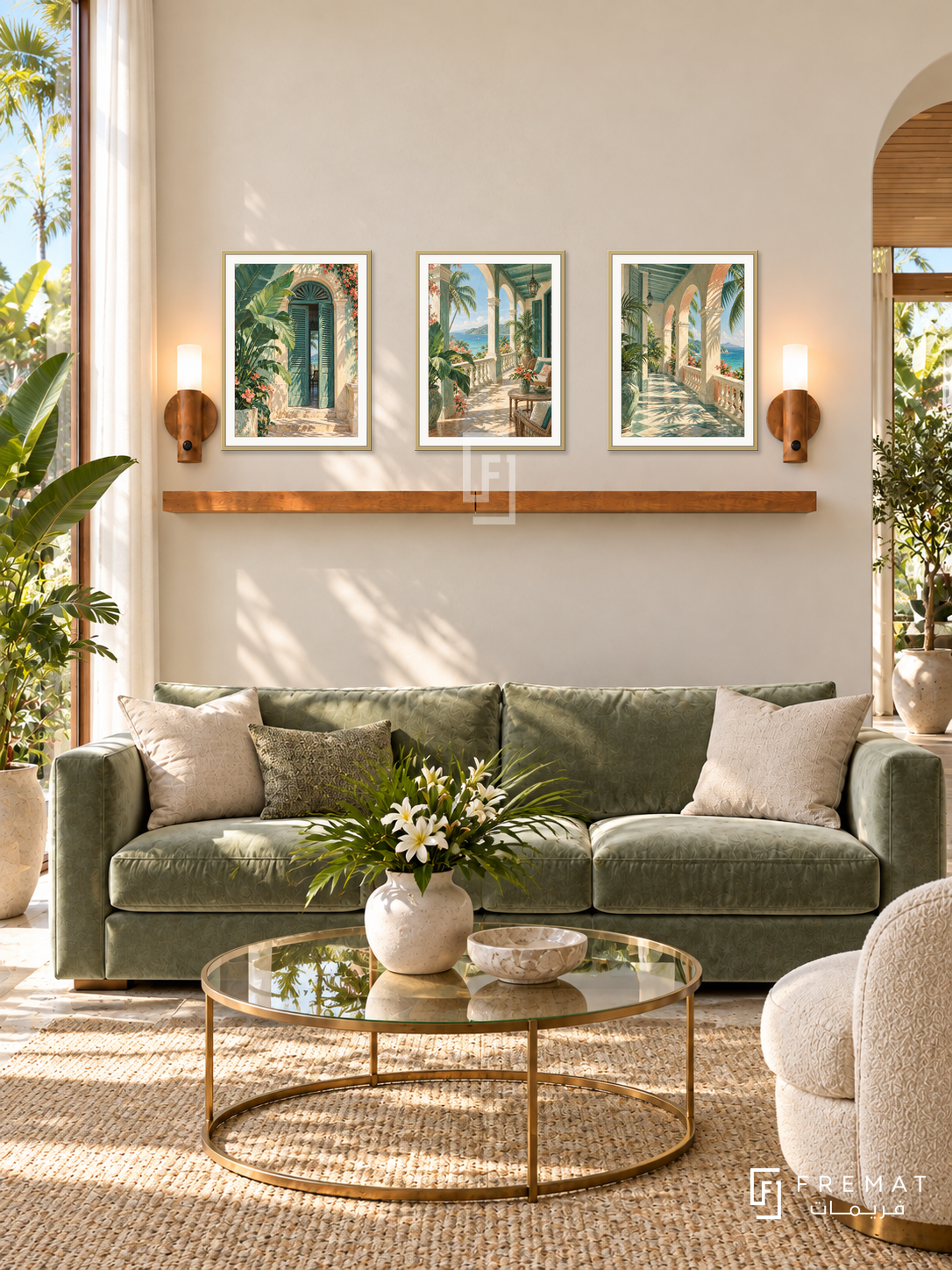 FREMAT Tropical Veranda shelf set with three 30 x 40 cm gold frames, 2 cm white borders, honey wood shelf and two warm sensor lamps. Morning tropical elegant salon, pale cream walls, sage velvet sofa, brass glass round table, airy tall windows and lush garden.