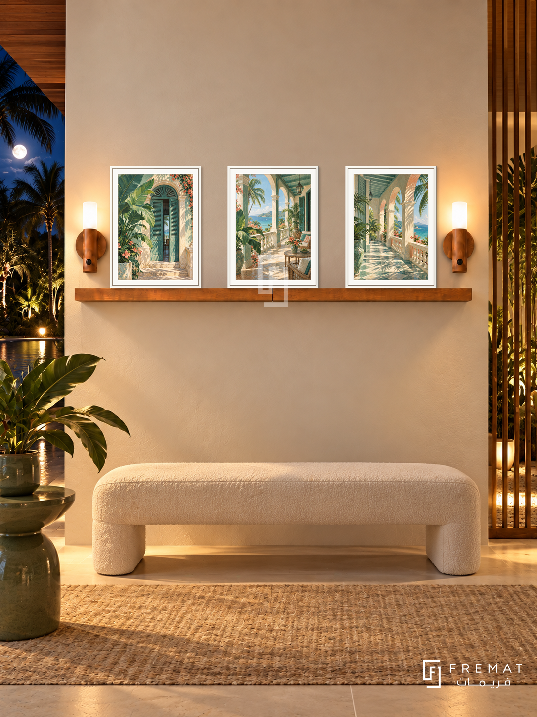 FREMAT Tropical Veranda shelf set with three 30 x 40 cm white frames, 2 cm white borders, honey wood shelf and two warm sensor lamps. Night tropical resort entry lounge, ivory walls, white boucle bench, green ceramic pedestal, timber slat side screen and moonlit palms.
