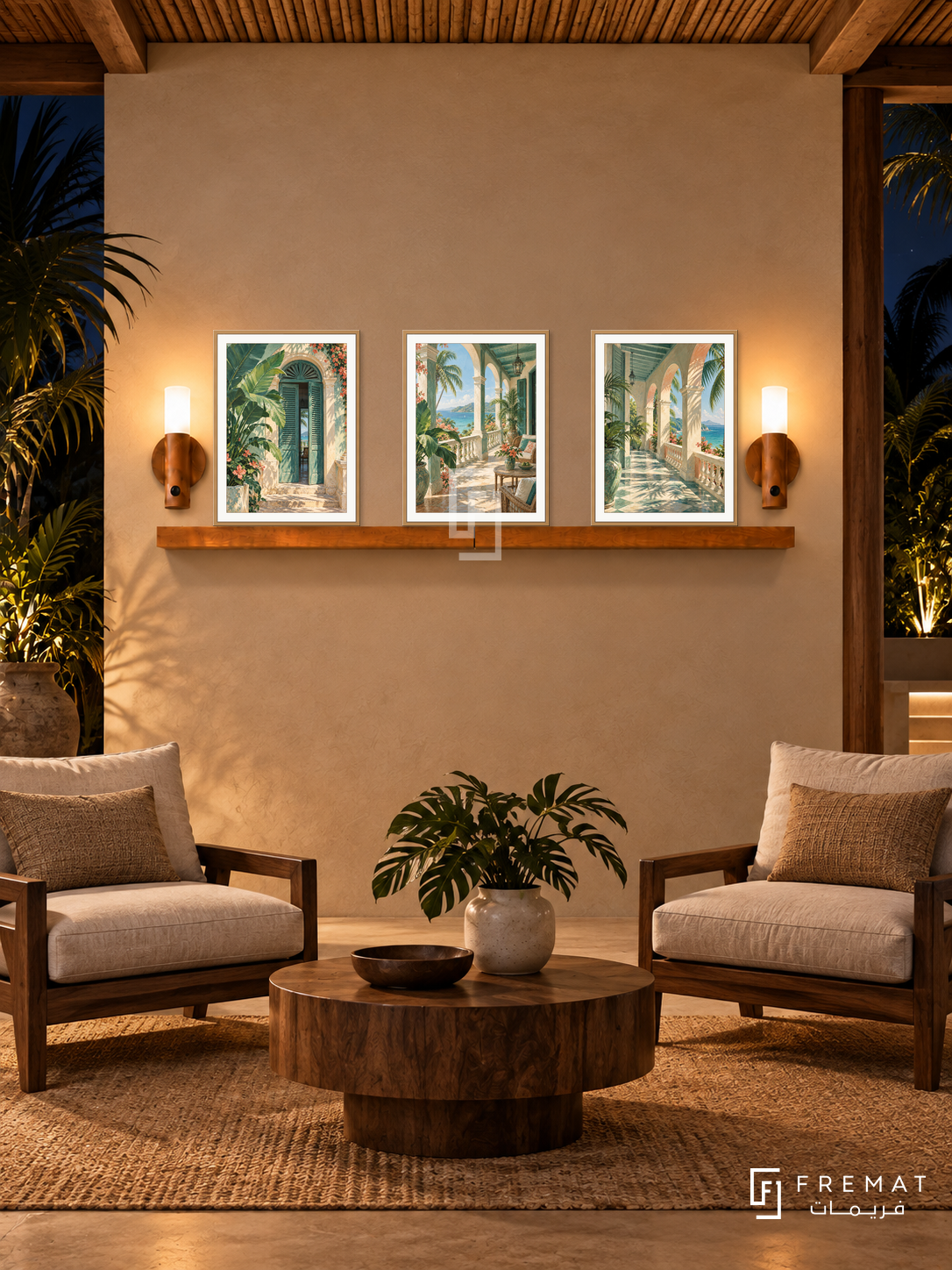 FREMAT Tropical Veranda shelf set with three 30 x 40 cm wooden texture frames, 2 cm white borders, honey wood shelf and two warm sensor lamps. Night tropical reading veranda interior, sand plaster, dark teak lounge chairs with linen cushions, low wood table, bamboo ceiling and dark palms.