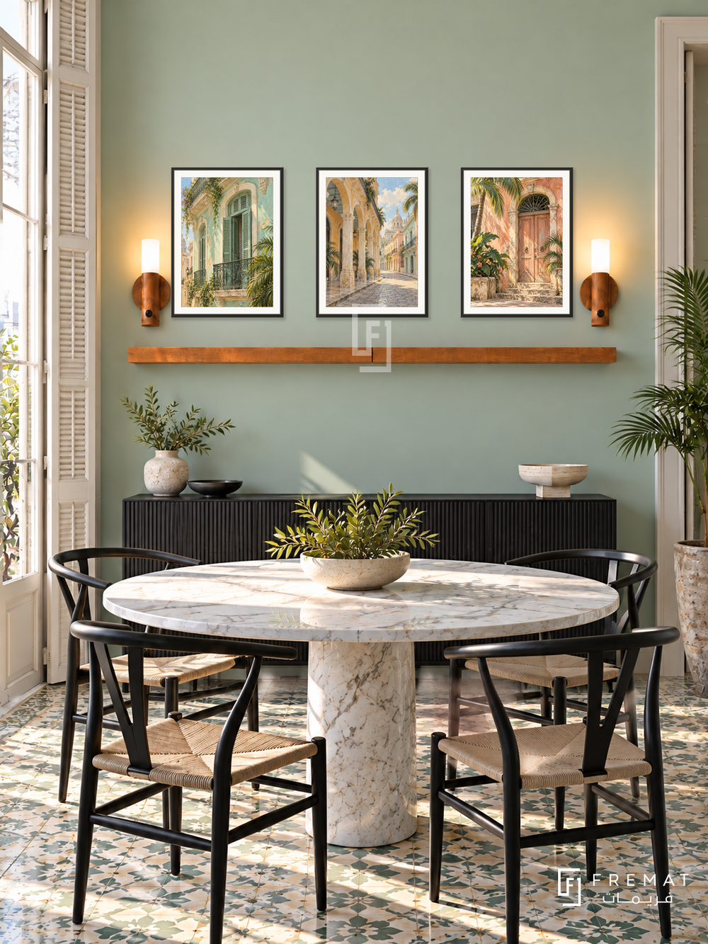 FREMAT Havana Pastels shelf set with three 30 x 40 cm black frames, 2 cm white borders, honey wood shelf and two warm sensor lamps. Morning Havana renovated dining room, pastel mint wall, black credenza, round marble table and black chairs, vintage high shutters and patterned tile floor.