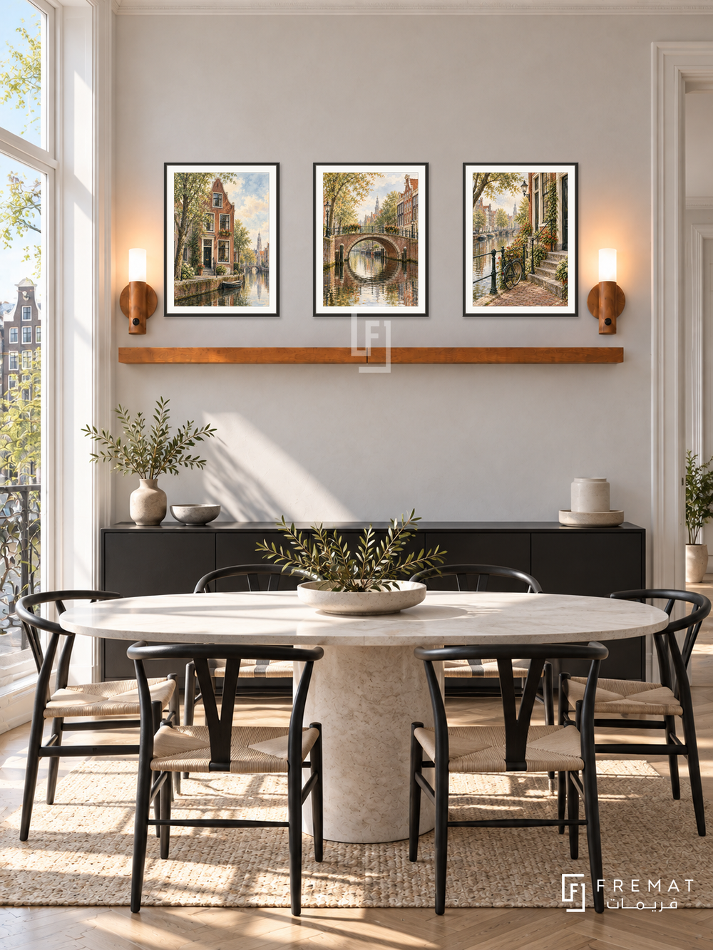 FREMAT Dutch Canal shelf set with three 30 x 40 cm black frames, 2 cm white borders, honey wood shelf and two warm sensor lamps. Morning Amsterdam canal townhouse dining room, pale plaster wall, black buffet, oval white stone table, black wishbone chairs, tall canal-facing window.