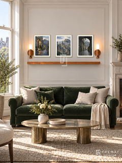 FREMAT Edinburgh Stone shelf set with three 30 x 40 cm gold frames, 2 cm white borders, honey wood shelf and two warm sensor lamps. Morning Scottish elegant salon, cream molding, forest green velvet sofa, brass oval table, stone fireplace at edge and tall bay window.
