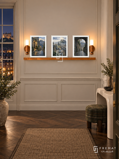 FREMAT Edinburgh Stone shelf set with three 30 x 40 cm white frames, 2 cm white borders, honey wood shelf and two warm sensor lamps. Night Edinburgh entrance hall, cream paneling, white curved console, tartan muted green stool, dark parquet and city lights through sash window.