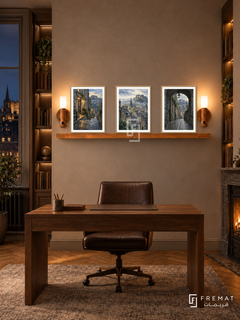 FREMAT Edinburgh Stone shelf set with three 30 x 40 cm wooden texture frames, 2 cm white borders, honey wood shelf and two warm sensor lamps. Night Edinburgh study, taupe plaster, walnut writing desk, dark brown leather chair, side bookcases and small warm fireplace at far edge.