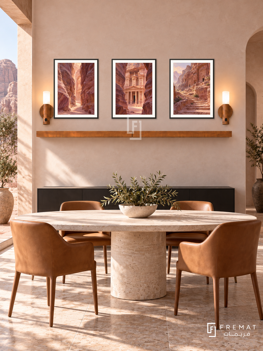 FREMAT Petra Rose shelf set with three 30 x 40 cm black frames, 2 cm white borders, honey wood shelf and two warm sensor lamps. Morning Petra-inspired modern desert dining room, pale rose sandstone plaster, black buffet, oval limestone table, cognac leather chairs, rose cliffs through side opening.