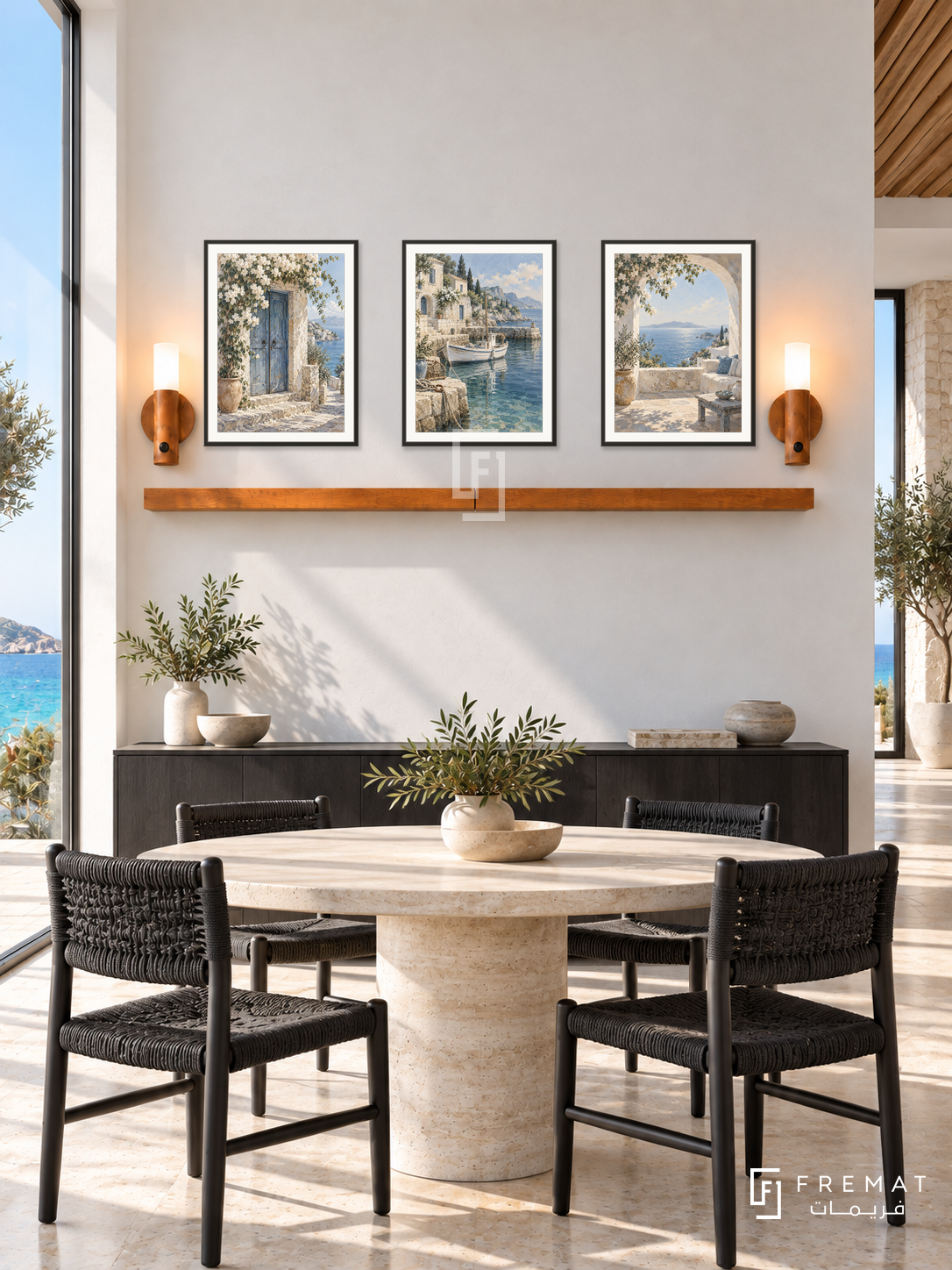 FREMAT Island Retreat shelf set with three 30 x 40 cm black frames, 2 cm white borders, honey wood shelf and two warm sensor lamps. Morning island contemporary villa dining room, white lime wall, black timber buffet, pale round stone table, black woven chairs, turquoise sea through tall side glass.