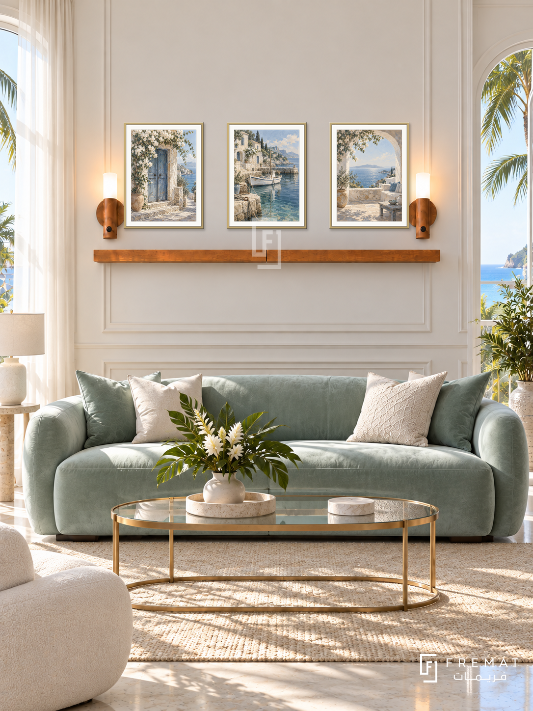 FREMAT Island Retreat shelf set with three 30 x 40 cm gold frames, 2 cm white borders, honey wood shelf and two warm sensor lamps. Morning luxurious island salon, cream subtle molding, seafoam velvet sofa, brass glass oval table, sheer curtains and radiant tropical daylight.