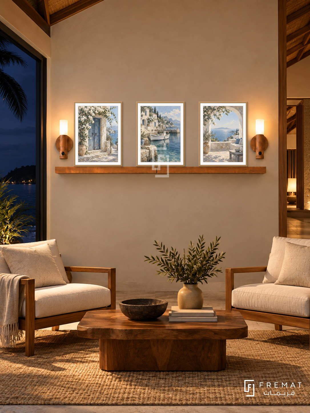 FREMAT Island Retreat shelf set with three 30 x 40 cm wooden texture frames, 2 cm white borders, honey wood shelf and two warm sensor lamps. Night island timber villa reading lounge, warm cream plaster and high timber ceiling, teak armchairs with ivory linen cushions, low wood table and dark ocean window.