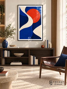 Cobalt Current abstract framed wall art with flowing blue and ivory ribbons and a vermilion disc, shown in a slim black frame in an interior.