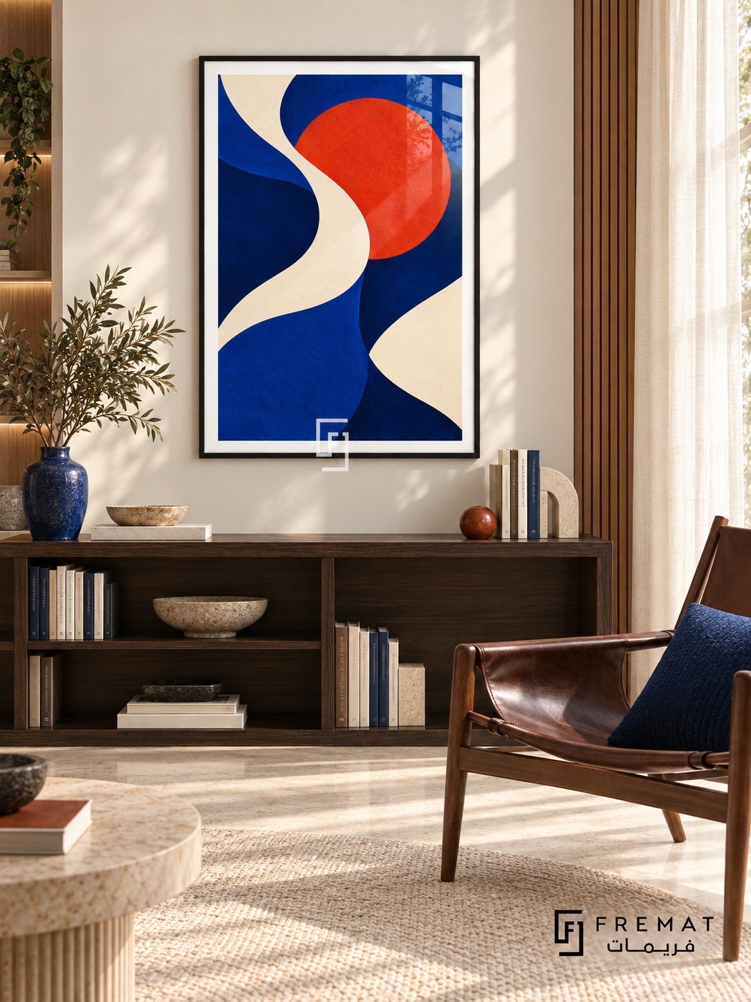 Cobalt Current abstract framed wall art with flowing blue and ivory ribbons and a vermilion disc, shown in a slim black frame in an interior.
