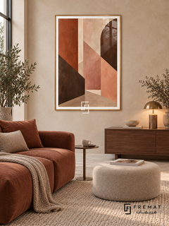 Desert Fold: Terracotta, blush, sand and dark umber planes intersect like folded architectural walls, with textured surfaces and diagonal edges. Gold PVC frame displayed with a rust sofa and walnut sideboard.