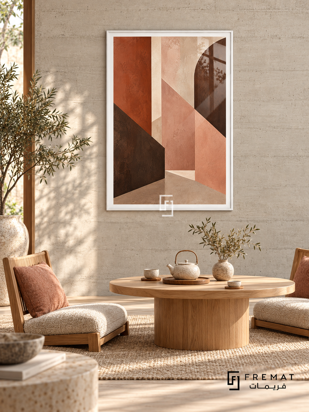 Desert Fold: Terracotta, blush, sand and dark umber planes intersect like folded architectural walls, with textured surfaces and diagonal edges. White PVC frame displayed with a low round oak tea table and lounge chairs.