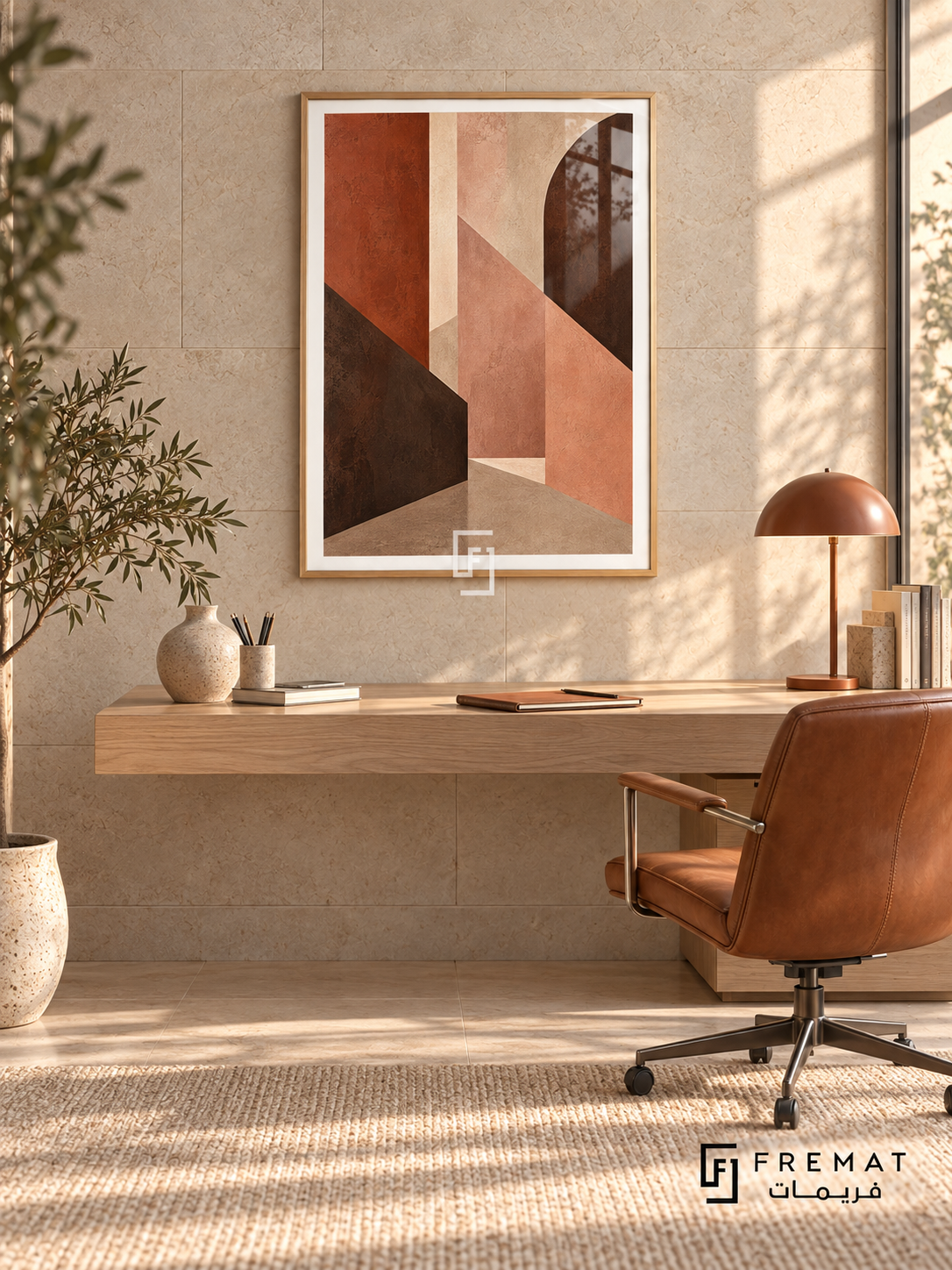 Desert Fold: Terracotta, blush, sand and dark umber planes intersect like folded architectural walls, with textured surfaces and diagonal edges. Wooden Texture PVC frame displayed with a floating oak desk and leather office chair.