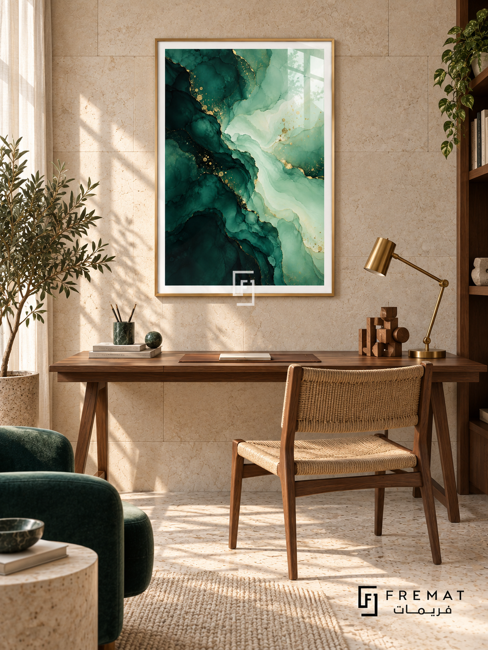 Emerald Tide: Deep emerald ink-like pools flow into pale mint layers, traced with gold-colored veins and scattered dots. Gold PVC frame displayed with a walnut desk and woven chair.