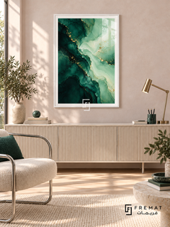 Emerald Tide: Deep emerald ink-like pools flow into pale mint layers, traced with gold-colored veins and scattered dots. White PVC frame displayed with a cream fluted console and upholstered chair.