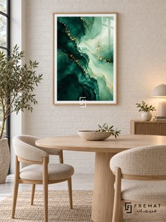 Emerald Tide: Deep emerald ink-like pools flow into pale mint layers, traced with gold-colored veins and scattered dots. Wooden Texture PVC frame displayed with a round oak dining table and upholstered chairs.