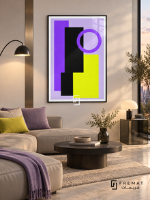 Lilac Signal: Violet and black rectangles overlap a bright yellow block beneath a violet ring on a pale lilac ground. Black PVC frame displayed with a cream sectional with lilac and yellow cushions.