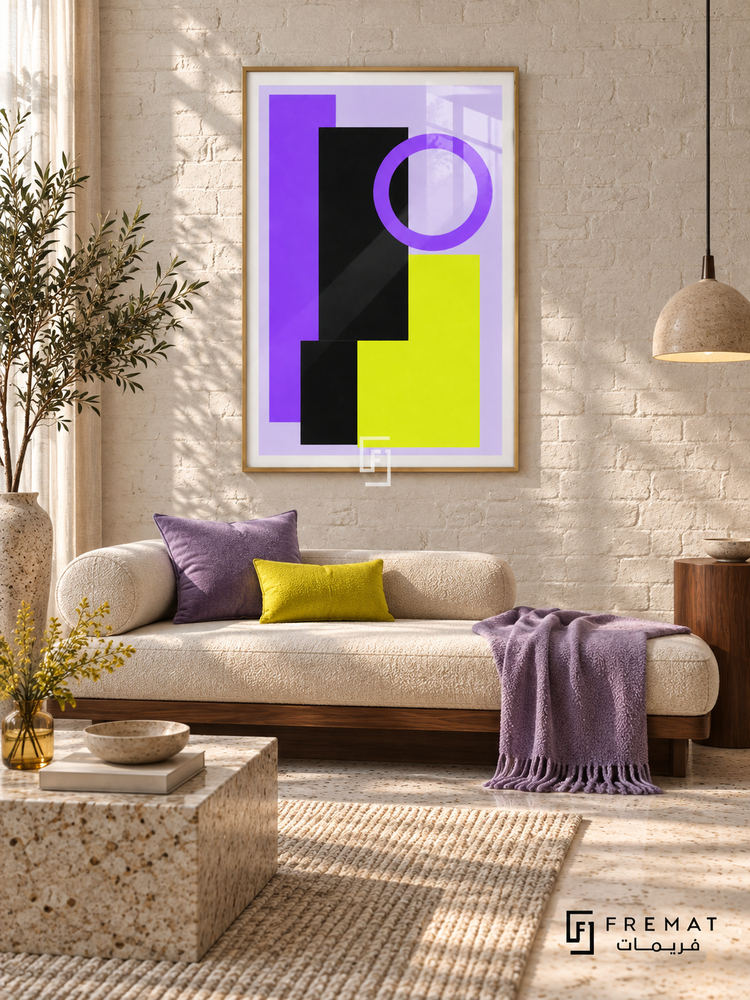 Lilac Signal: Violet and black rectangles overlap a bright yellow block beneath a violet ring on a pale lilac ground. Gold PVC frame displayed with a cream bench sofa against white brick.
