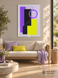 Lilac Signal: Violet and black rectangles overlap a bright yellow block beneath a violet ring on a pale lilac ground. White PVC frame displayed with a woven sofa with lilac and yellow textiles.