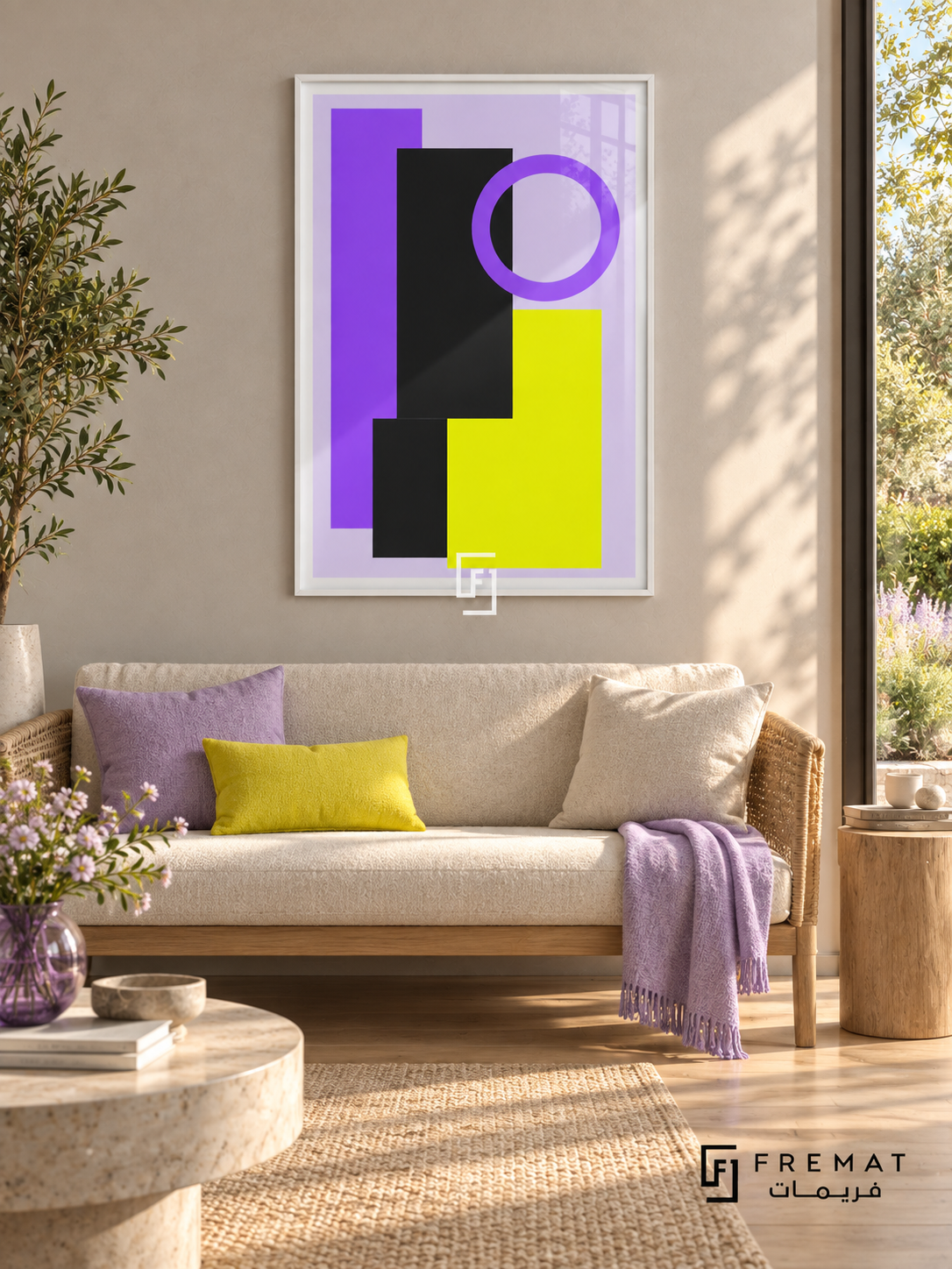 Lilac Signal: Violet and black rectangles overlap a bright yellow block beneath a violet ring on a pale lilac ground. White PVC frame displayed with a woven sofa with lilac and yellow textiles.