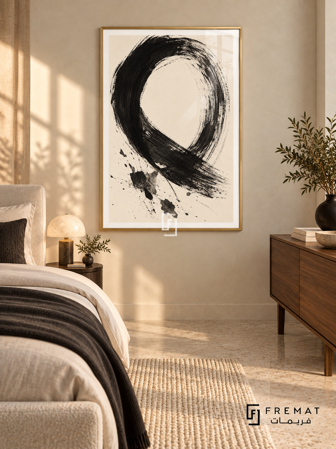 Monochrome Gesture: A sweeping black brushstroke forms an open loop on warm ivory, with dry-brush marks and scattered ink-like splashes. Gold PVC frame displayed with a neutral bed and walnut dresser.