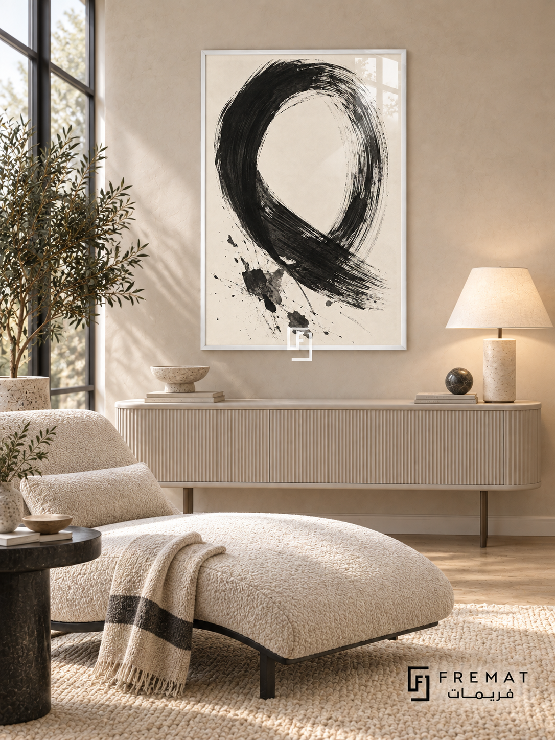 Monochrome Gesture: A sweeping black brushstroke forms an open loop on warm ivory, with dry-brush marks and scattered ink-like splashes. White PVC frame displayed with a cream chaise and fluted console.