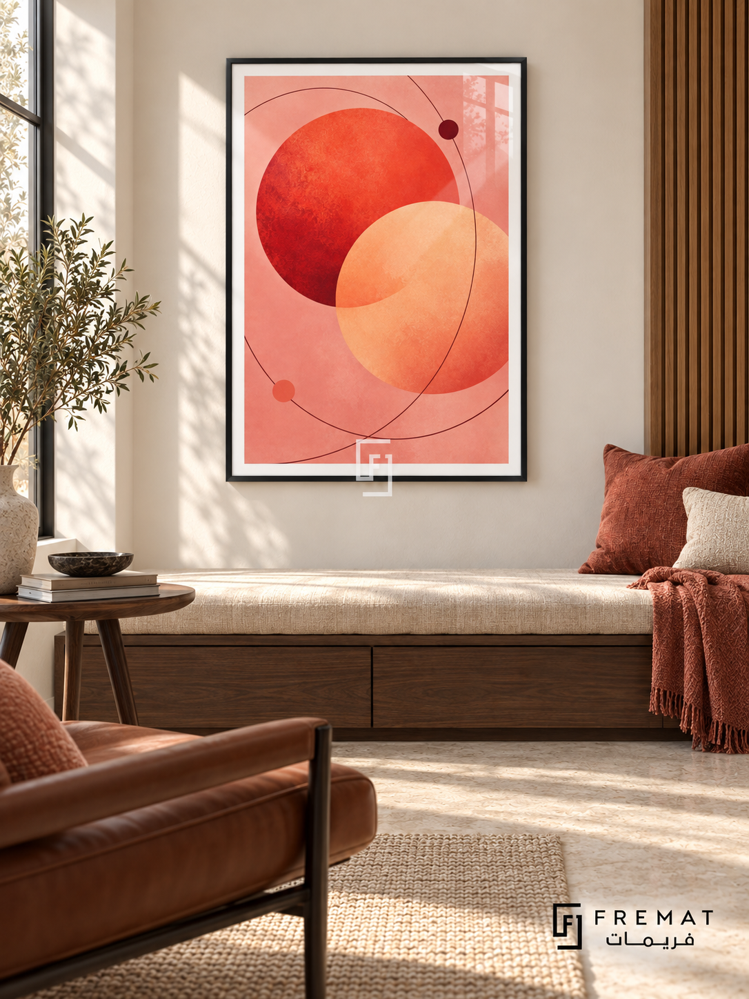 Coral Orbit: Overlapping coral-red and apricot circles float on blush pink, crossed by fine burgundy orbital curves and two small dots. Black PVC frame displayed with a cushioned walnut window bench.