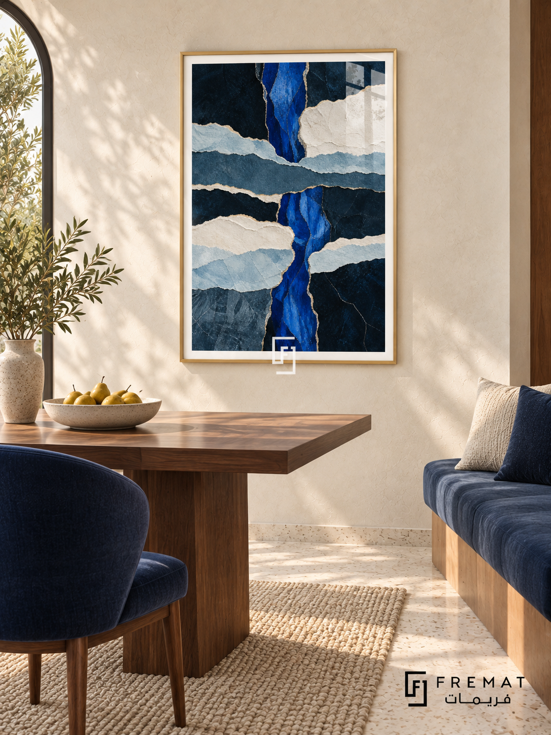 Blue Strata: Ragged, paper-like layers in navy, cobalt, slate blue and ivory cross vertically and horizontally, edged with narrow gold-colored seams. Gold PVC frame displayed with a walnut dining table and blue banquette.