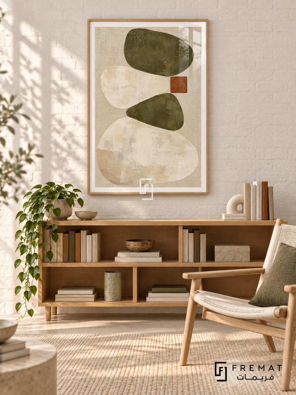 Olive Balance: Rounded olive and ivory forms stack against a linen-like beige background, balanced by a small rust square. Wooden Texture PVC frame displayed with an oak book console and woven lounge chair.
