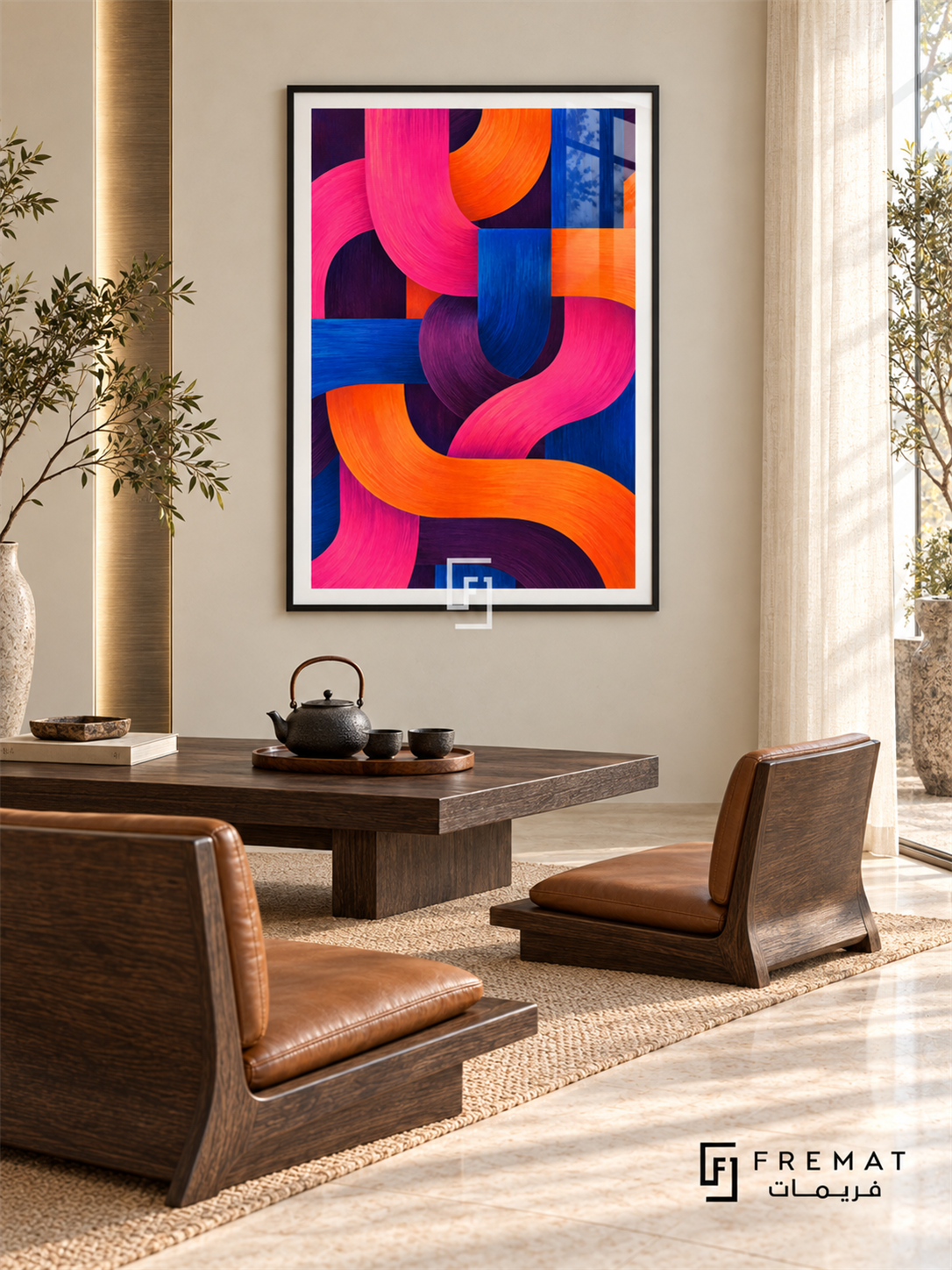 Chromatic Weave: Broad magenta, orange, cobalt and plum bands weave over and under each other, with brushed texture and rounded turns. Black PVC frame displayed with a low dark tea table and leather floor chairs.