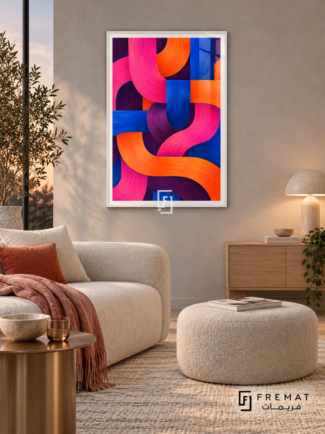 Chromatic Weave: Broad magenta, orange, cobalt and plum bands weave over and under each other, with brushed texture and rounded turns. White PVC frame displayed with a cream sofa and round upholstered ottoman.