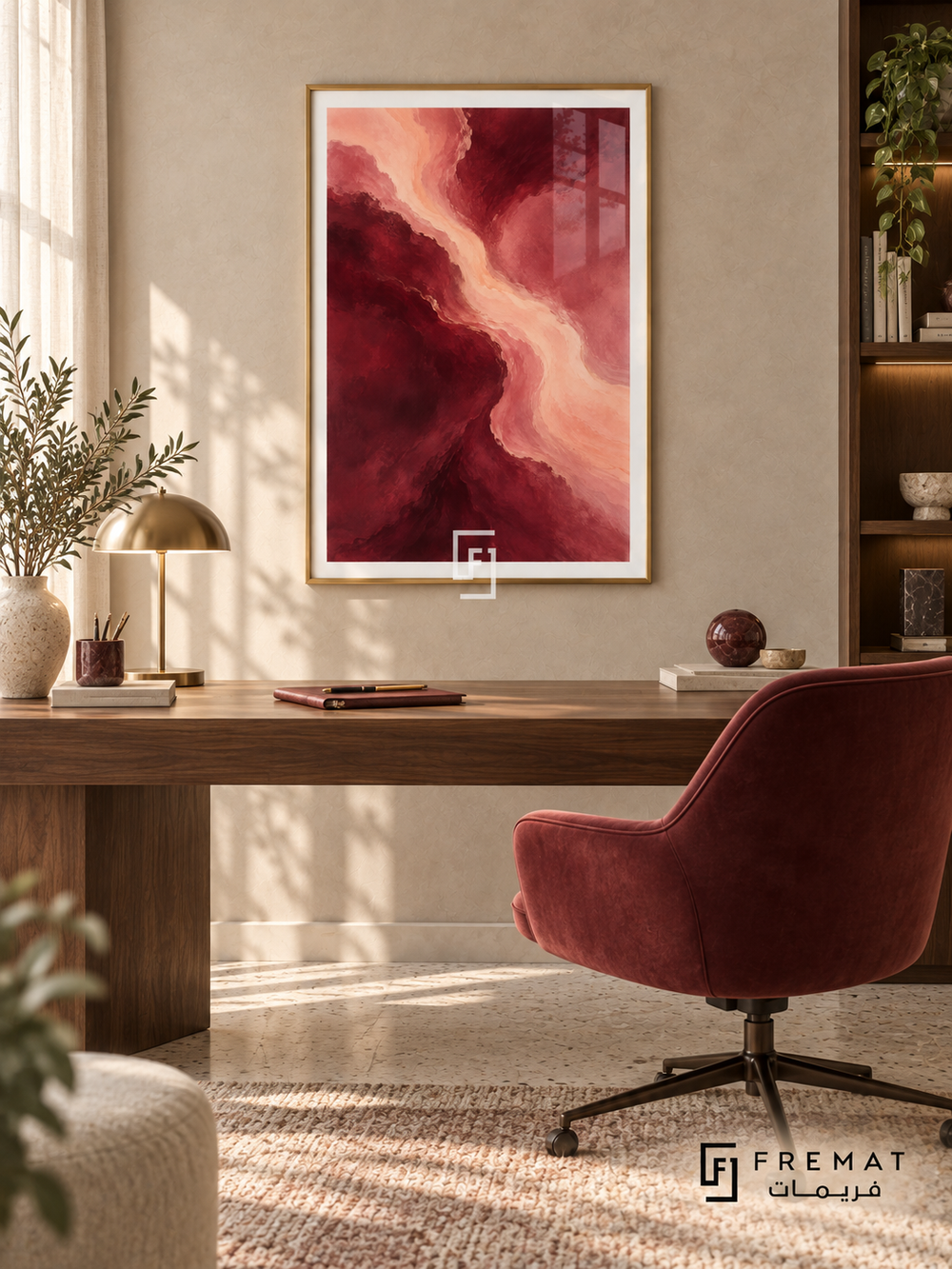 Burgundy Flow: A winding blush-pink stream divides painterly burgundy and dusty rose fields, with subtle fine gold-colored accents. Gold PVC frame displayed with a walnut desk and burgundy swivel chair.