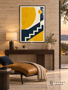 Solar Assembly: A large cropped golden-yellow circle and a smaller disc sit beside navy diagonal fields and an ivory stair-step line. Black PVC frame displayed with a mustard leather chaise and dark console.