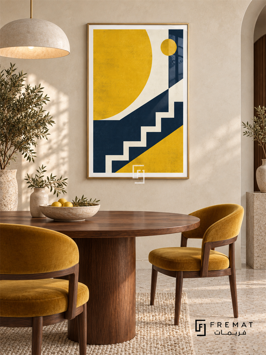 Solar Assembly: A large cropped golden-yellow circle and a smaller disc sit beside navy diagonal fields and an ivory stair-step line. Gold PVC frame displayed with a walnut dining table with mustard chairs.