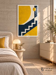 Solar Assembly: A large cropped golden-yellow circle and a smaller disc sit beside navy diagonal fields and an ivory stair-step line. White PVC frame displayed with a neutral bed and cream dresser.
